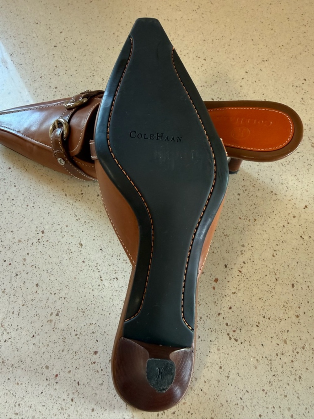 Cole Haan Brown Leather Kitten Heel Mules with Silver Buckle - Picture 5 of 6